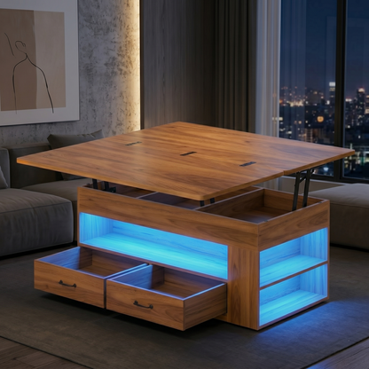 Wooden coffee table with lift-top design and LED lighting in a modern living room.