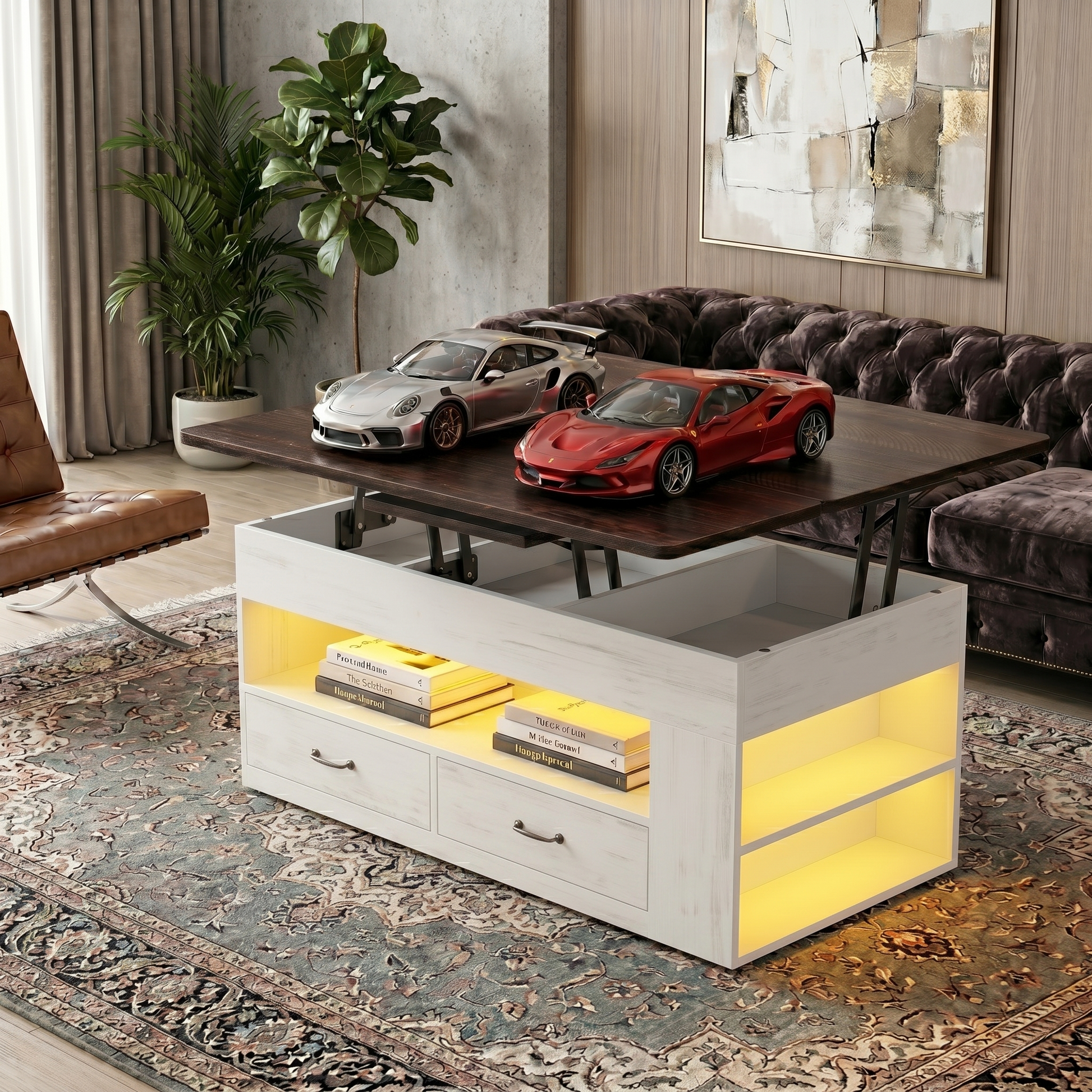 Modern living room with a coffee table featuring toy cars and a decorative box.