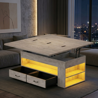 Modern coffee table with lift-top feature and hidden storage compartments in a living room setting.