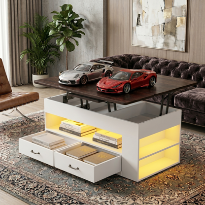 Modern living room with a coffee table that lifts to reveal storage compartments.