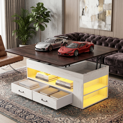 Modern coffee table with lift-top design in a living room setting