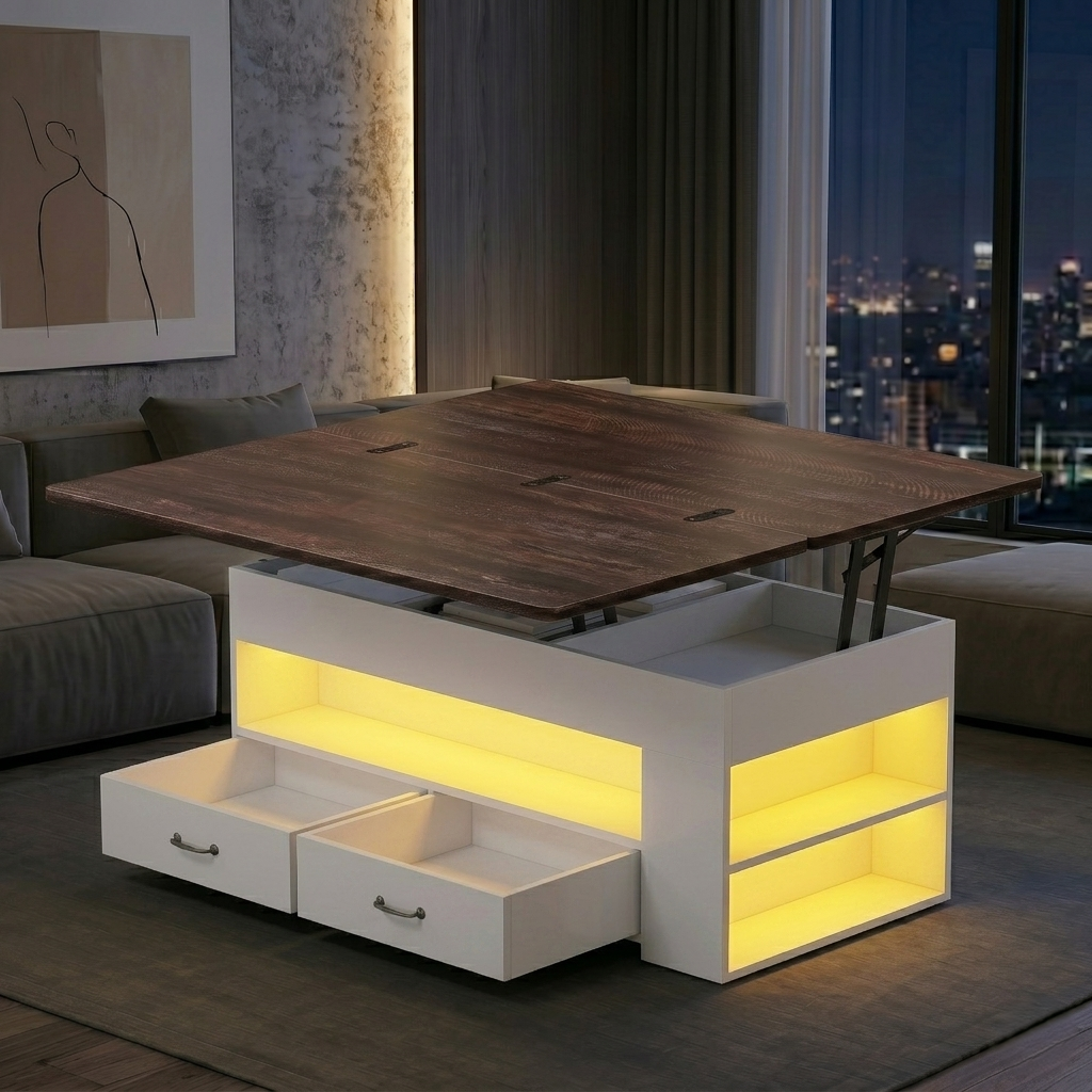 Modern coffee table with storage drawers illuminated in a living room setting.