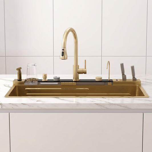Multifunctional Stainless Steel Kitchen Sink with Waterfall Faucet & Digital Display