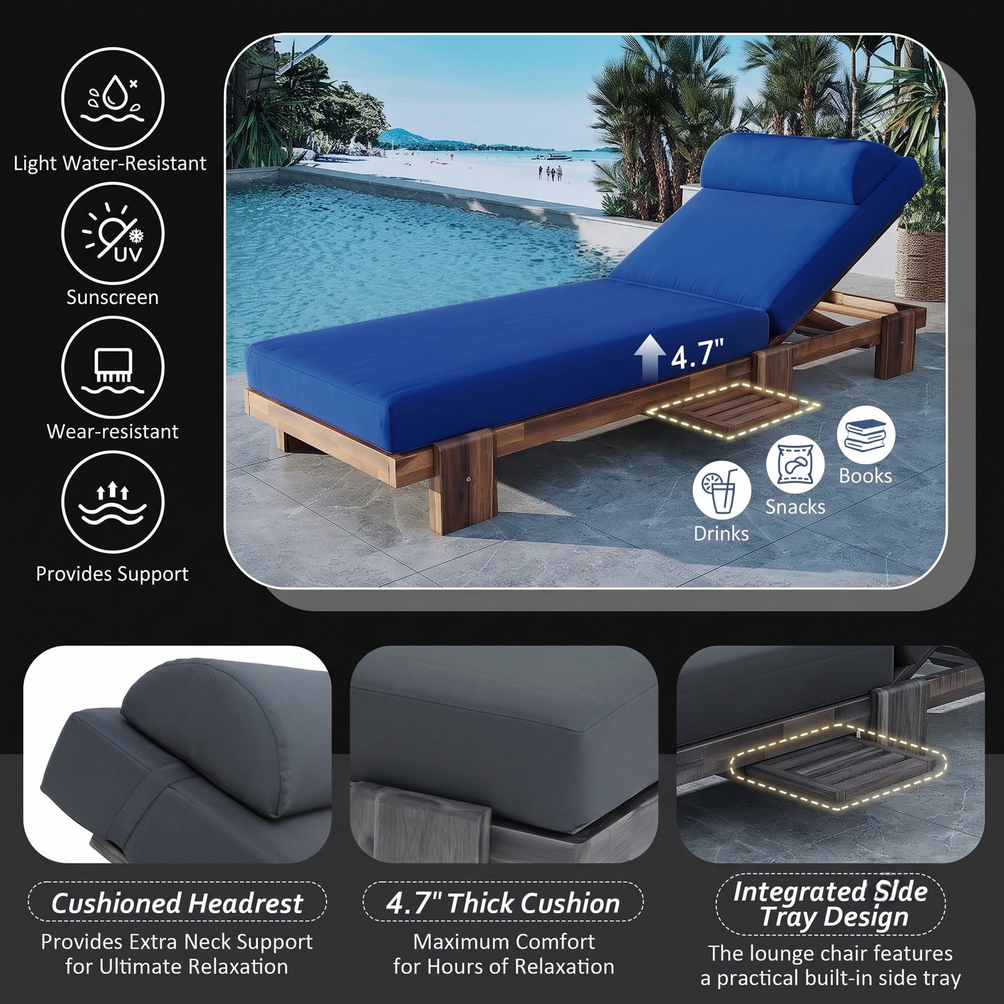 Outdoor Reclining Timber Sun Bed with Slide-Out Tray & Plush Cushion