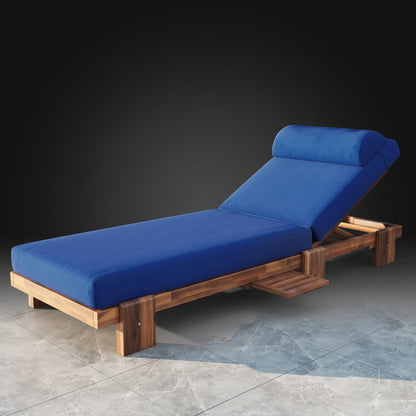 Outdoor Reclining Timber Sun Bed with Slide-Out Tray & Plush Cushion