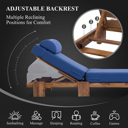 Outdoor Reclining Timber Sun Bed with Slide-Out Tray & Plush Cushion