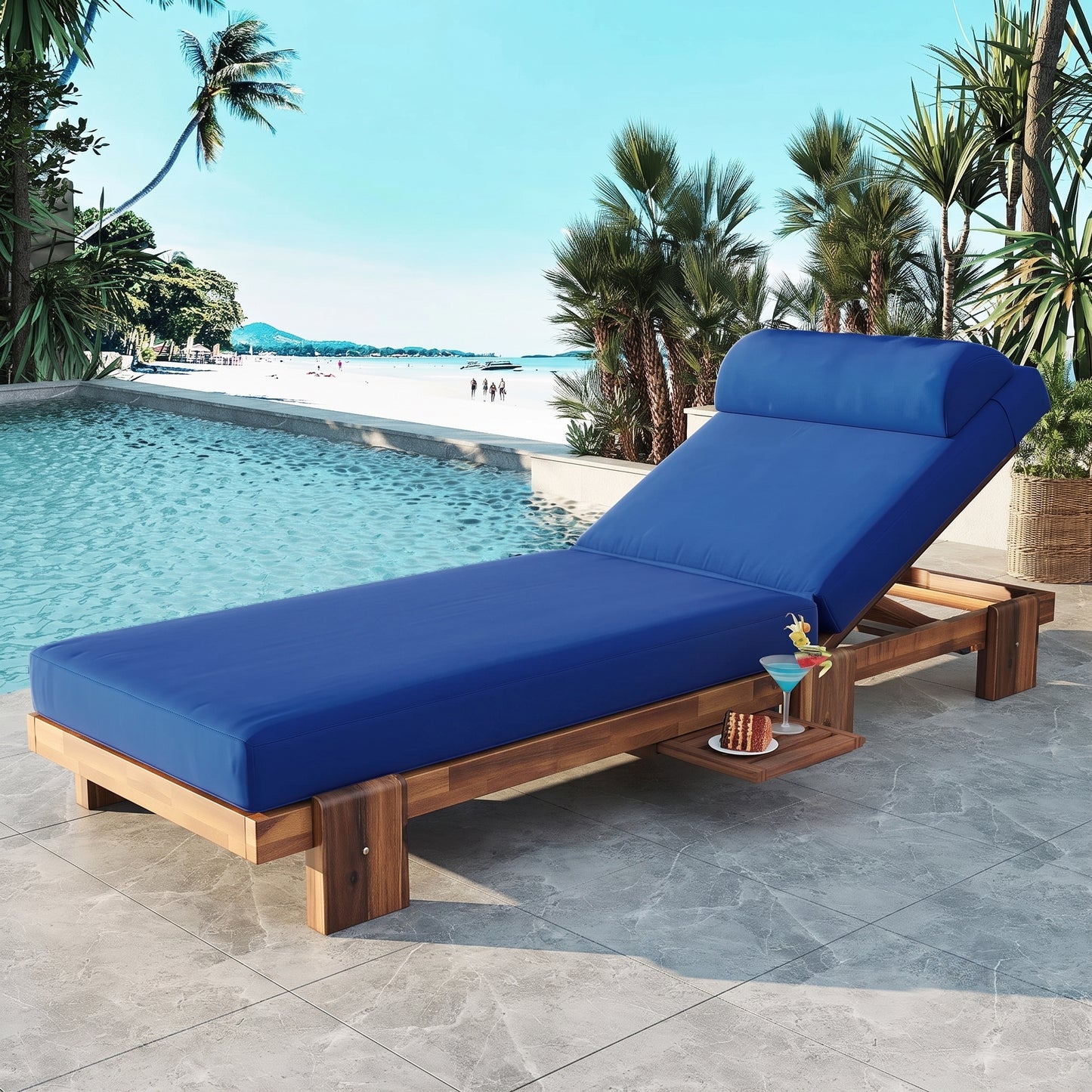 Outdoor Reclining Timber Sun Bed with Slide-Out Tray & Plush Cushion