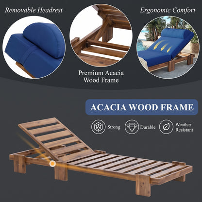 Outdoor Reclining Timber Sun Bed with Slide-Out Tray & Plush Cushion