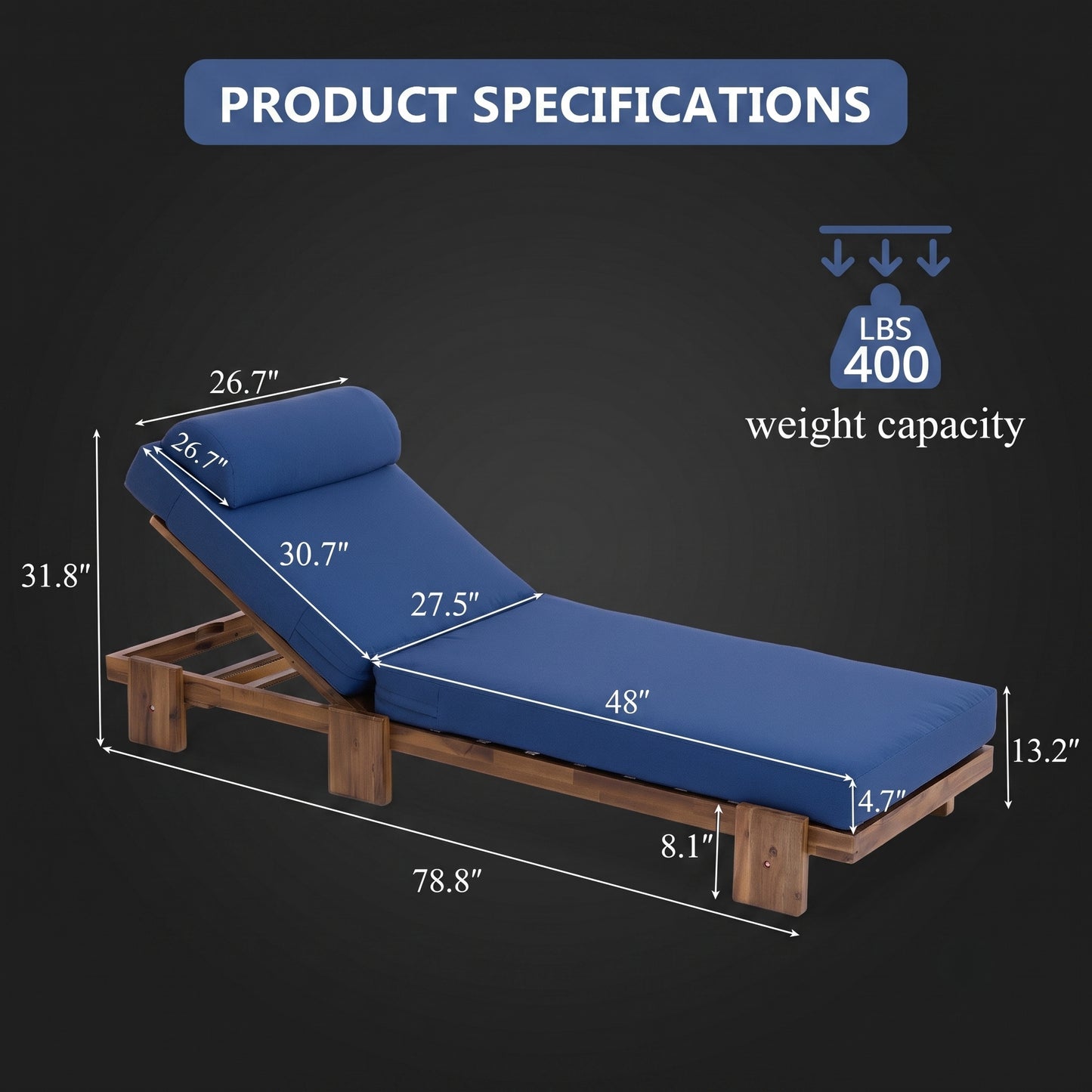 Outdoor Reclining Timber Sun Bed with Slide-Out Tray & Plush Cushion