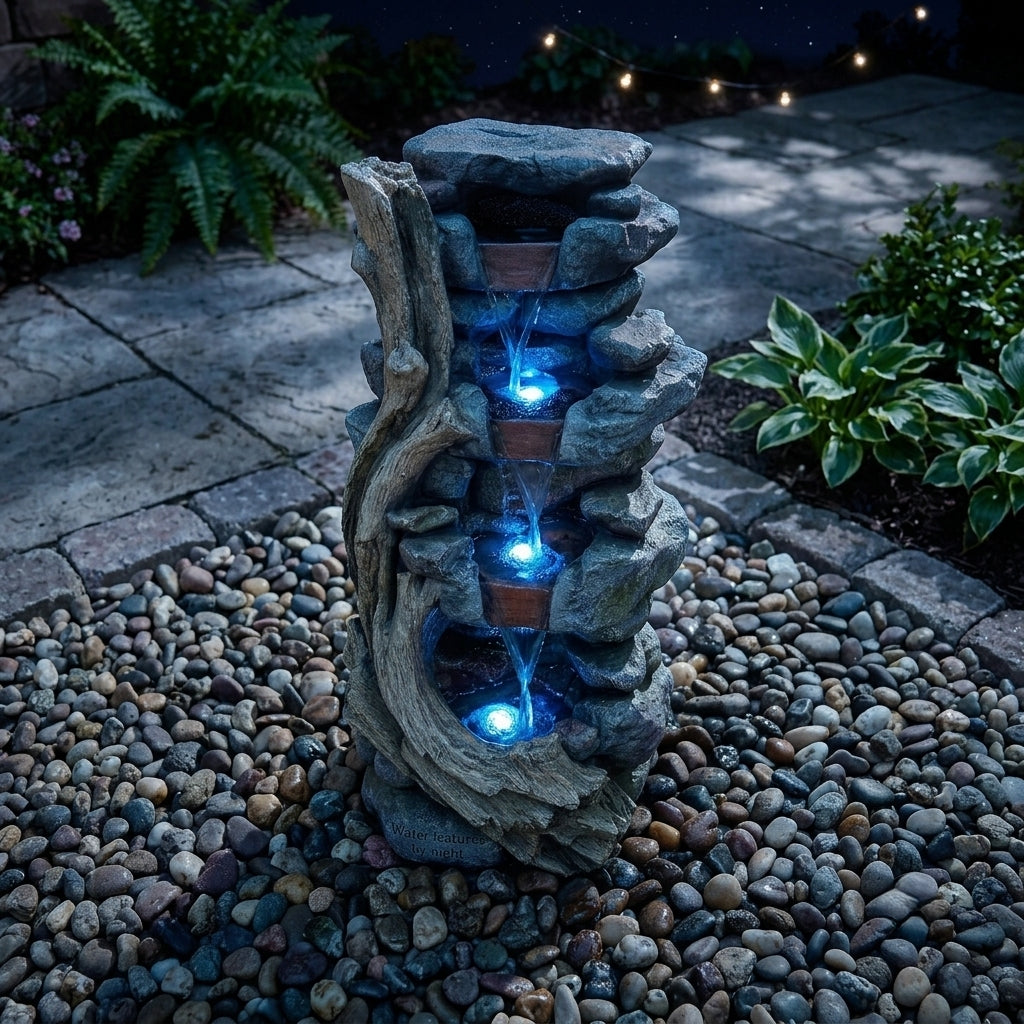 Resin Faux Stone & Driftwood Outdoor Water Fountain with Blue LED Lights