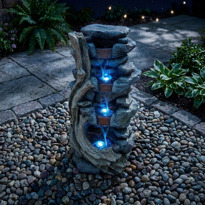 Resin Faux Stone & Driftwood Outdoor Water Fountain with Blue LED Lights