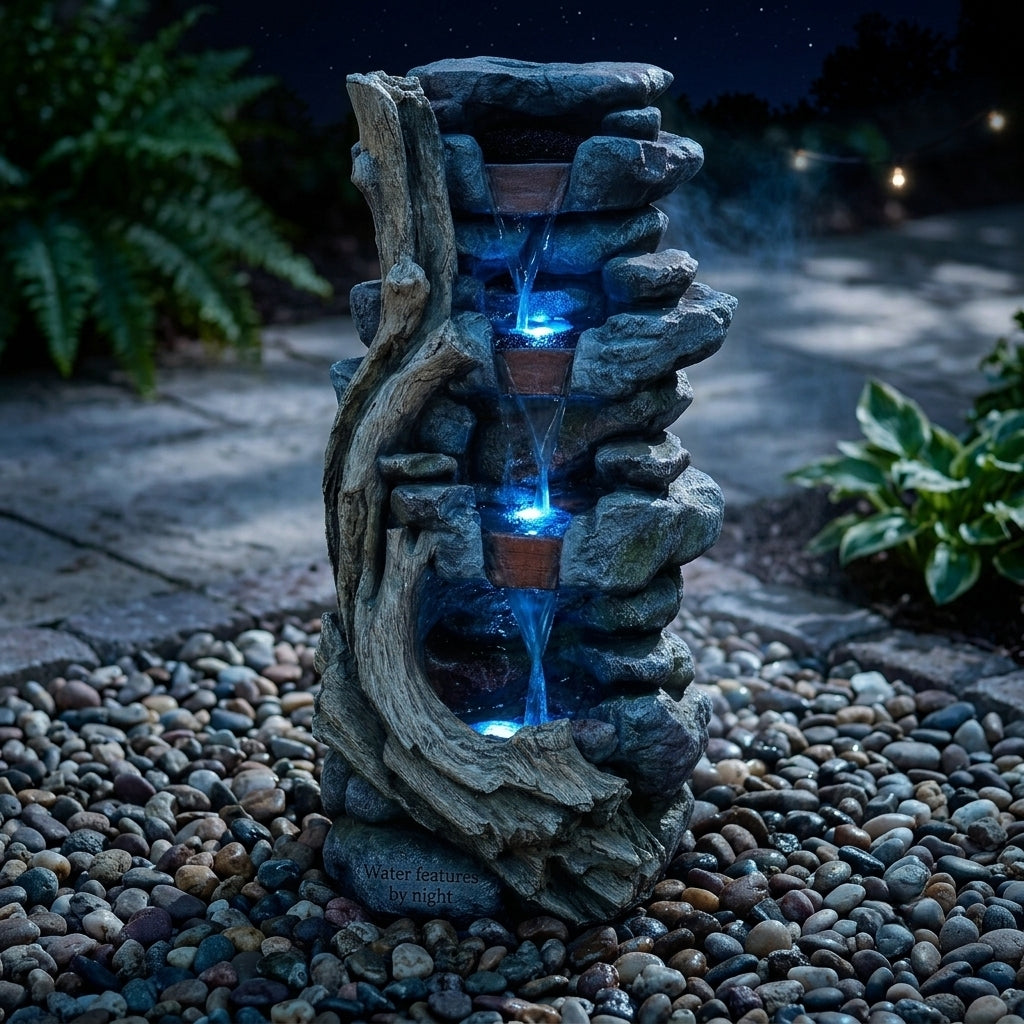 Resin Faux Stone & Driftwood Outdoor Water Fountain with Blue LED Lights