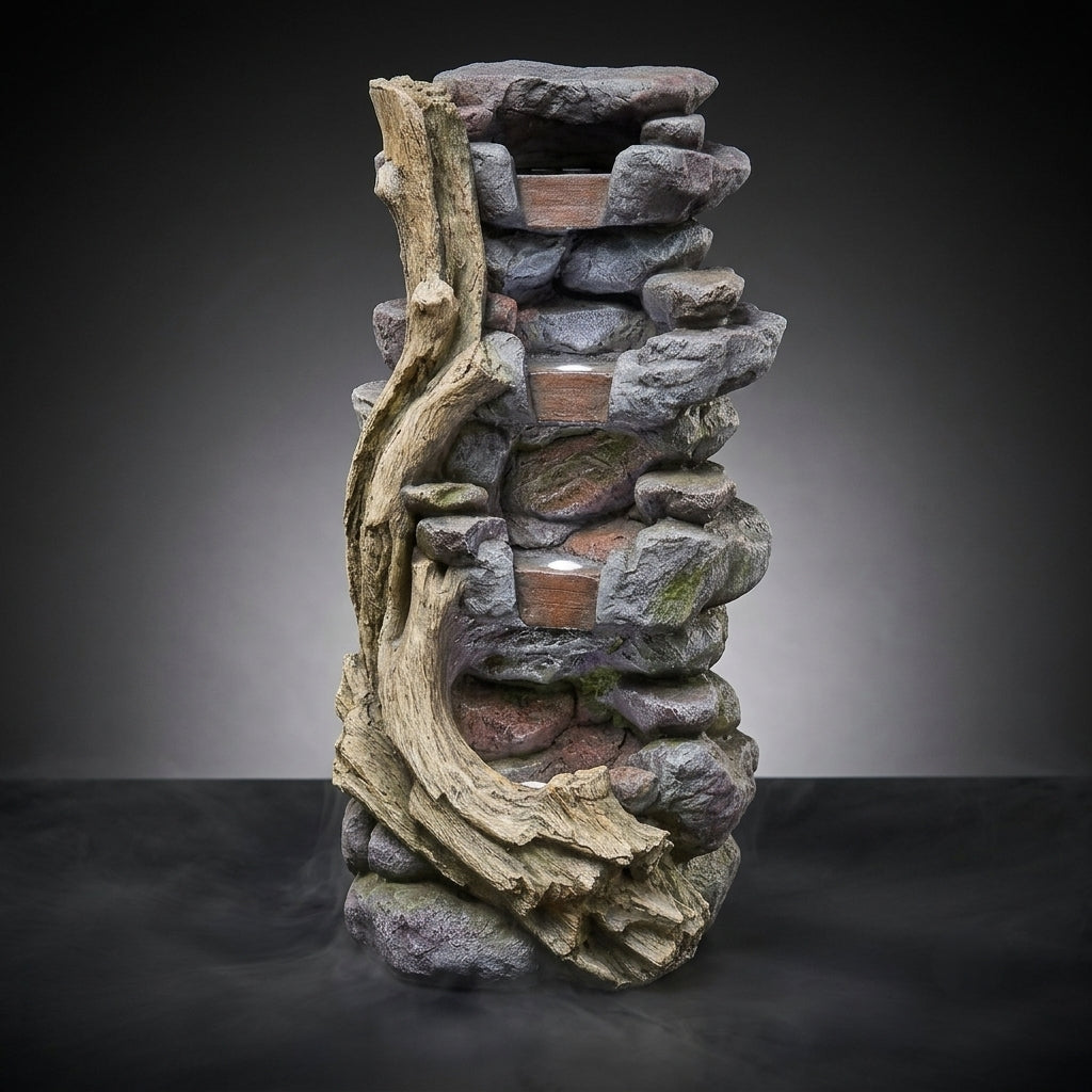 Resin Faux Stone & Driftwood Outdoor Water Fountain with Blue LED Lights