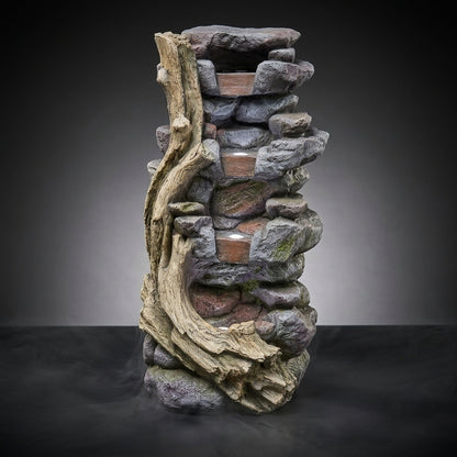 Resin Faux Stone & Driftwood Outdoor Water Fountain with Blue LED Lights
