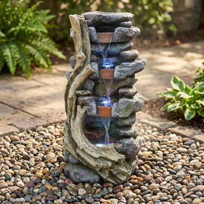 Resin Faux Stone & Driftwood Outdoor Water Fountain with Blue LED Lights