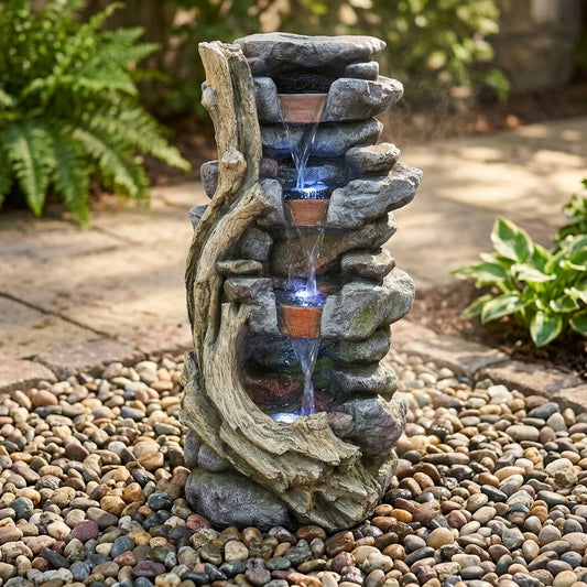 Resin Faux Stone & Driftwood Outdoor Water Fountain with Blue LED Lights