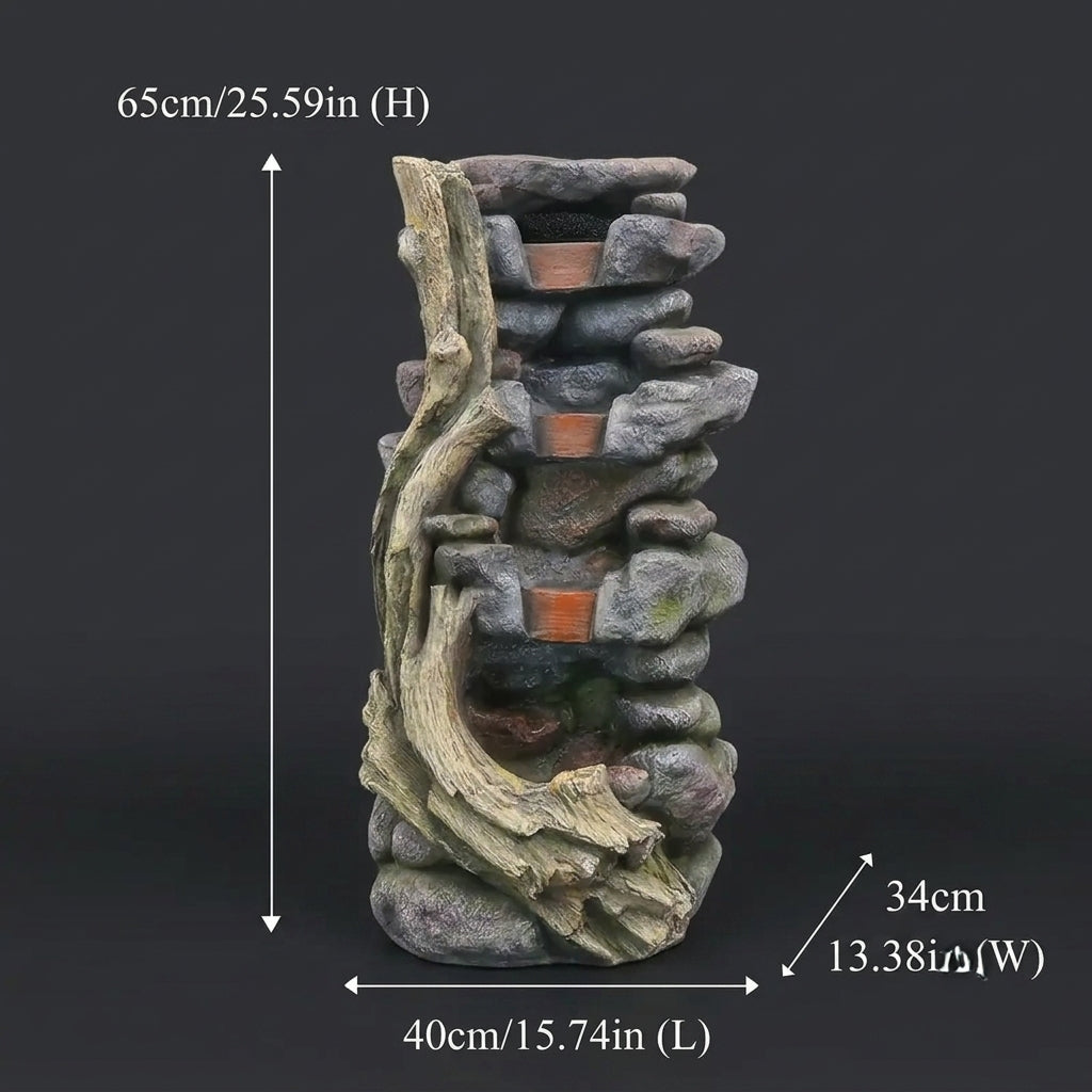 Resin Faux Stone & Driftwood Outdoor Water Fountain with Blue LED Lights