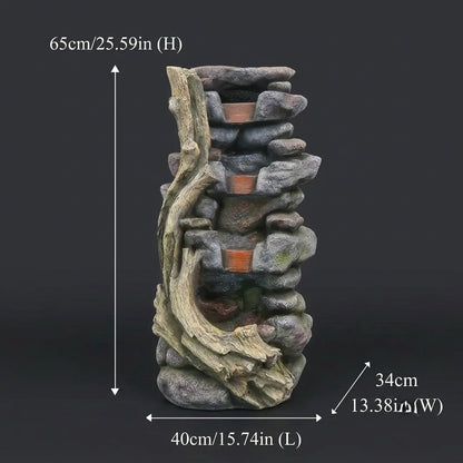 Resin Faux Stone & Driftwood Outdoor Water Fountain with Blue LED Lights
