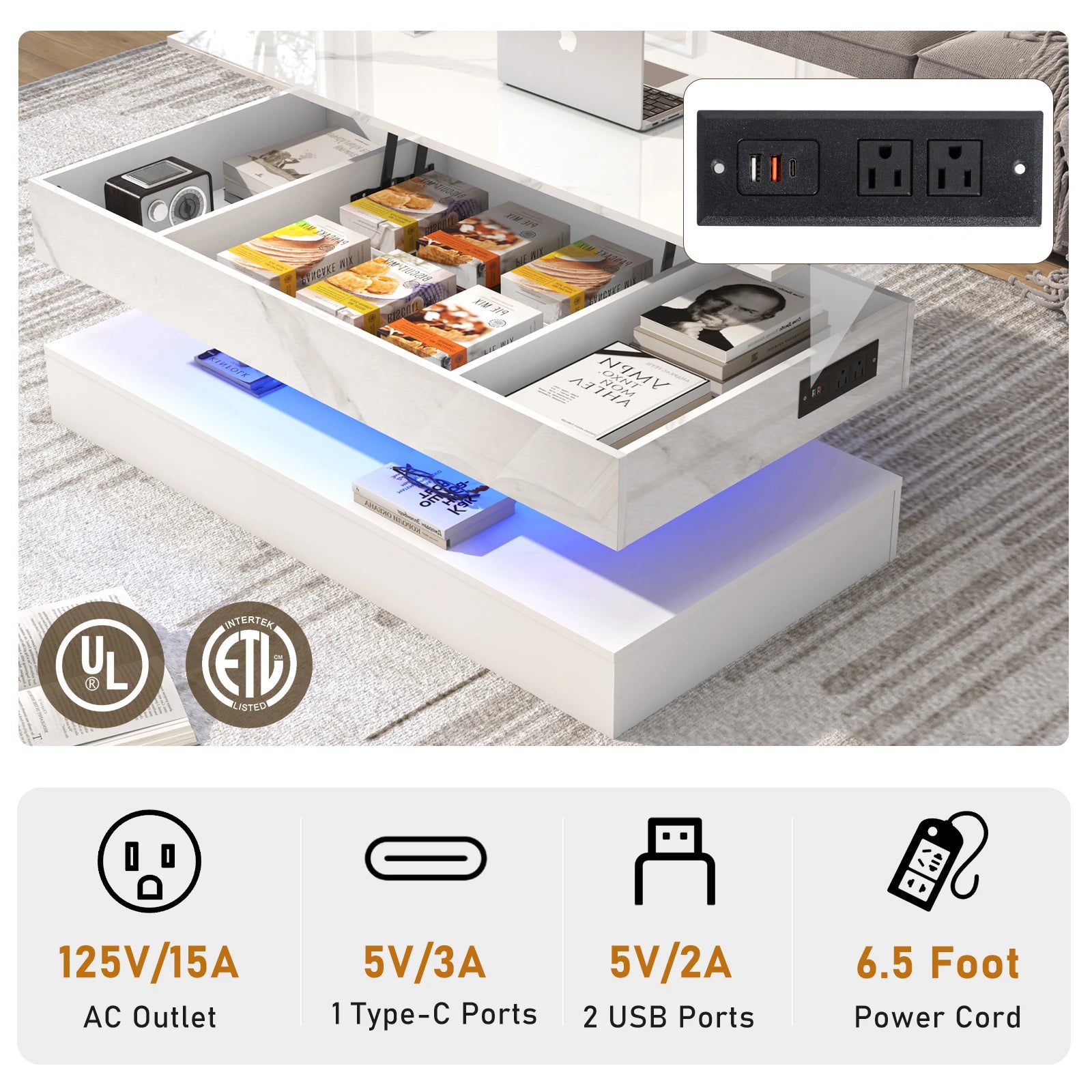 White electronic desk with open drawers, power outlets, and connectivity options displayed.