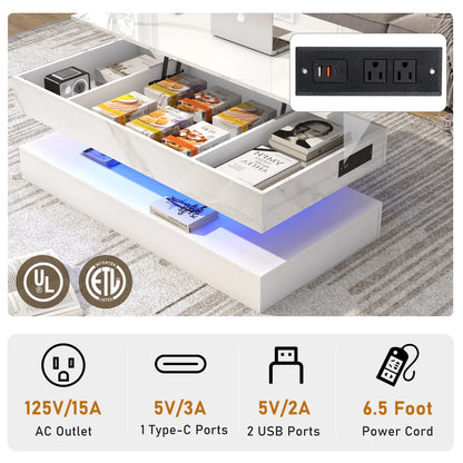 White electronic desk with open drawers, power outlets, and connectivity options displayed.