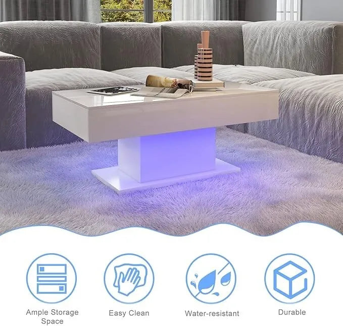 White coffee table with LED lighting in a living room setting, featuring text about product features.