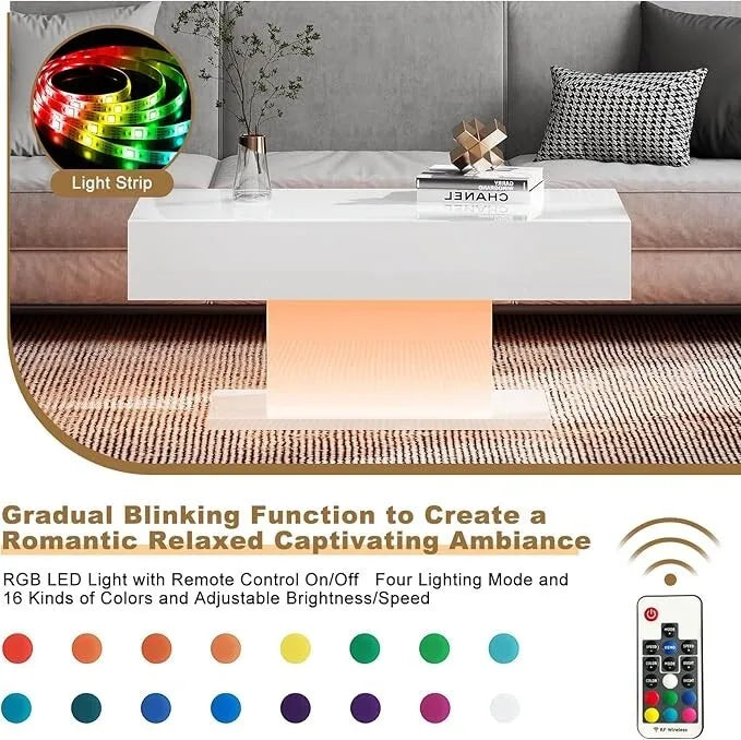RGB LED light strip with remote control on a coffee table in a living room setting.