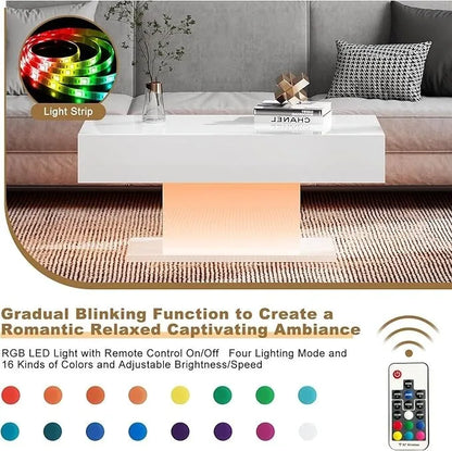 RGB LED light strip with remote control on a coffee table in a living room setting.