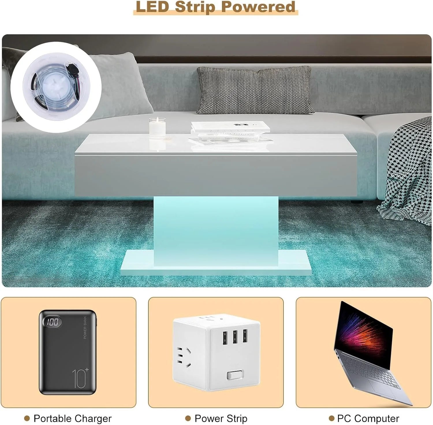 Coffee table with LED strip lighting, surrounded by a sofa and rug, with power-related products displayed below.