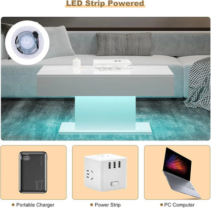Coffee table with LED strip lighting, surrounded by a sofa and rug, with power-related products displayed below.