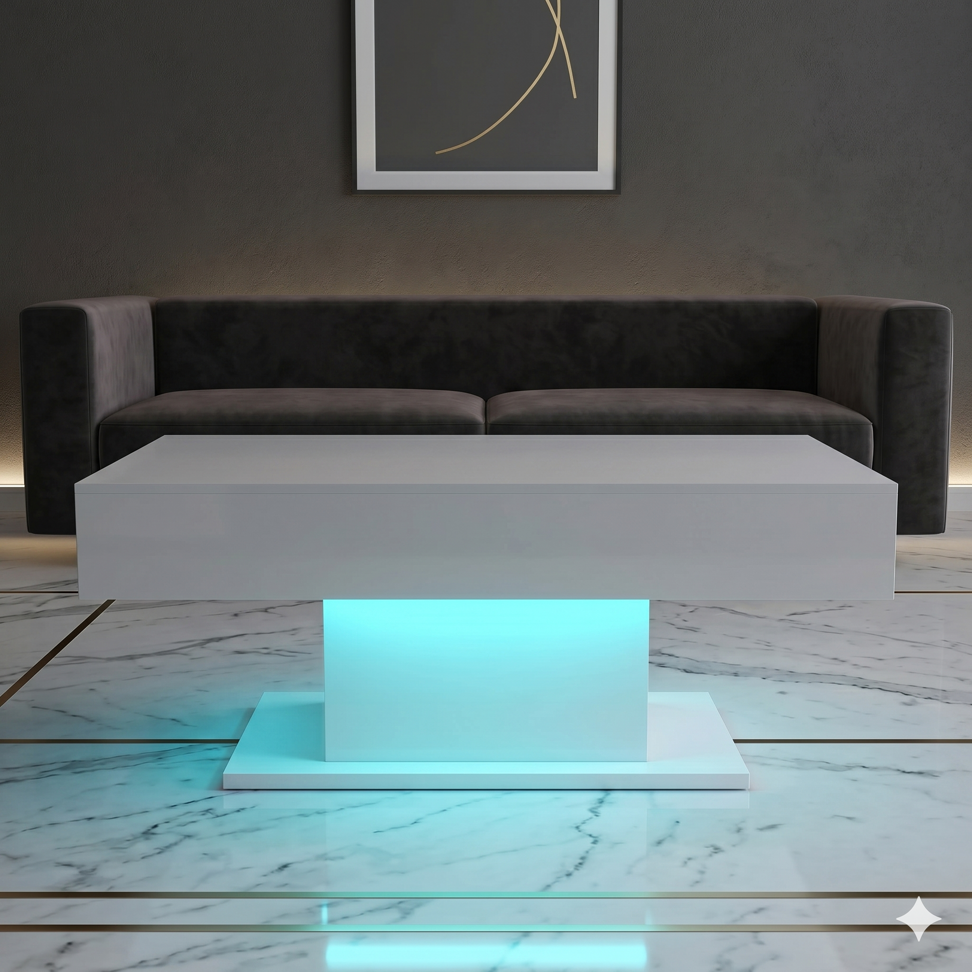 Modern living room with a dark gray sofa and a illuminated coffee table.