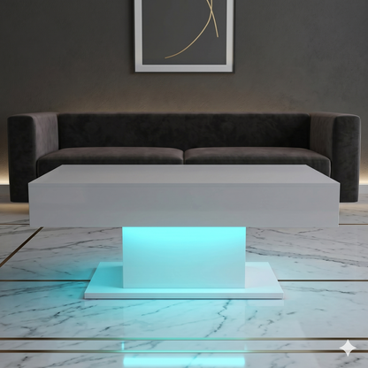 Modern living room with a dark gray sofa and a illuminated coffee table.