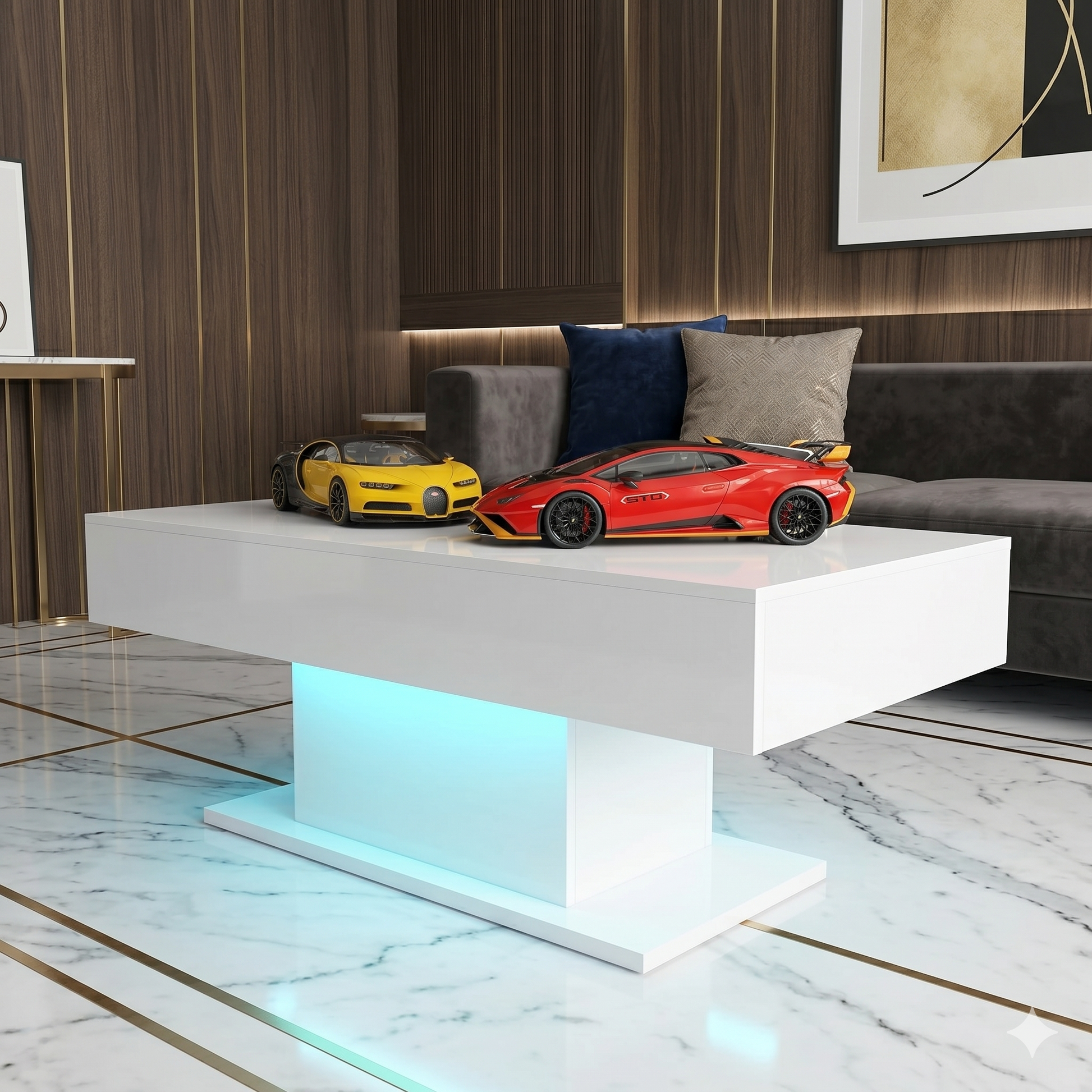 Modern white coffee table with toy cars on a stylish living room floor.