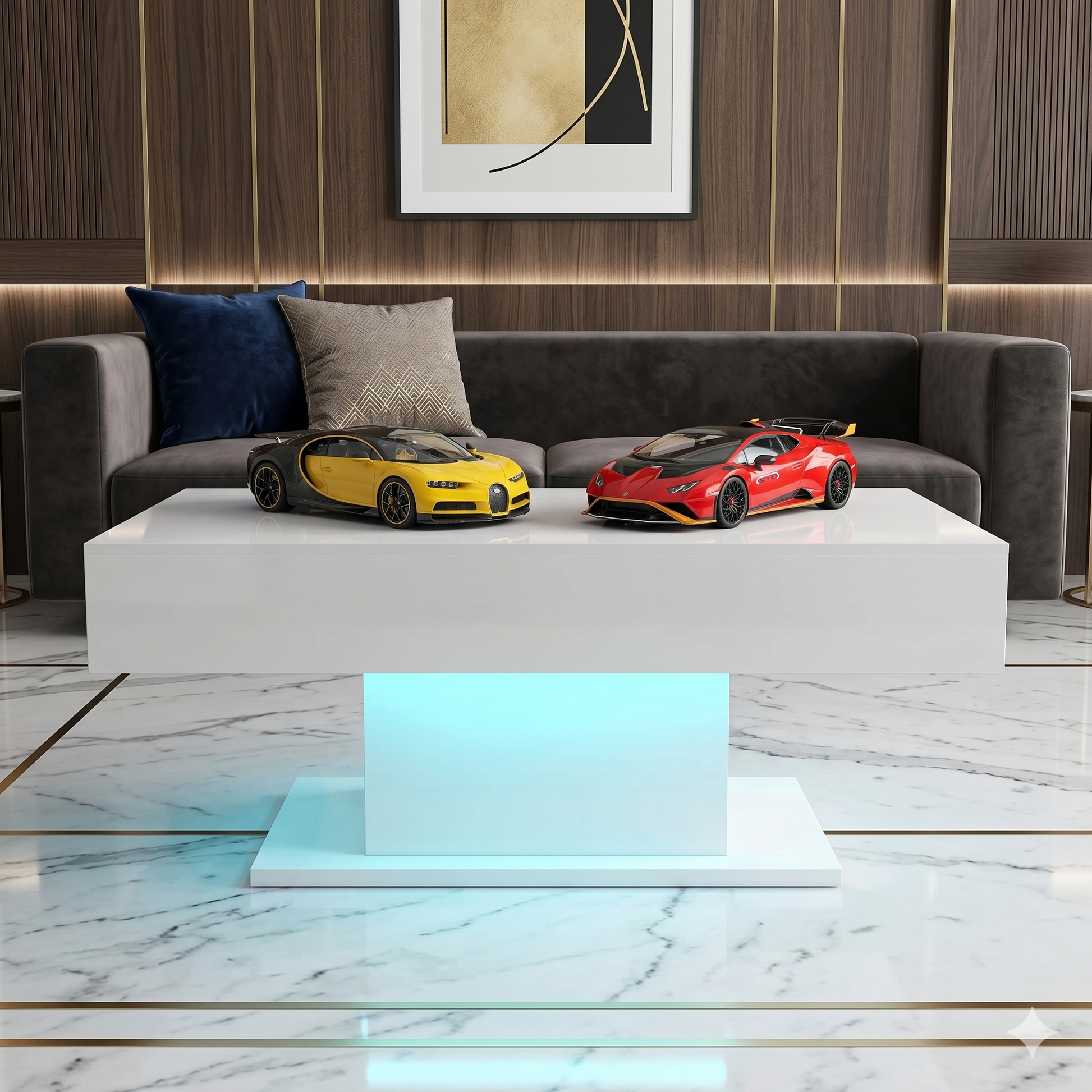 Two toy cars on a coffee table in a living room setting.