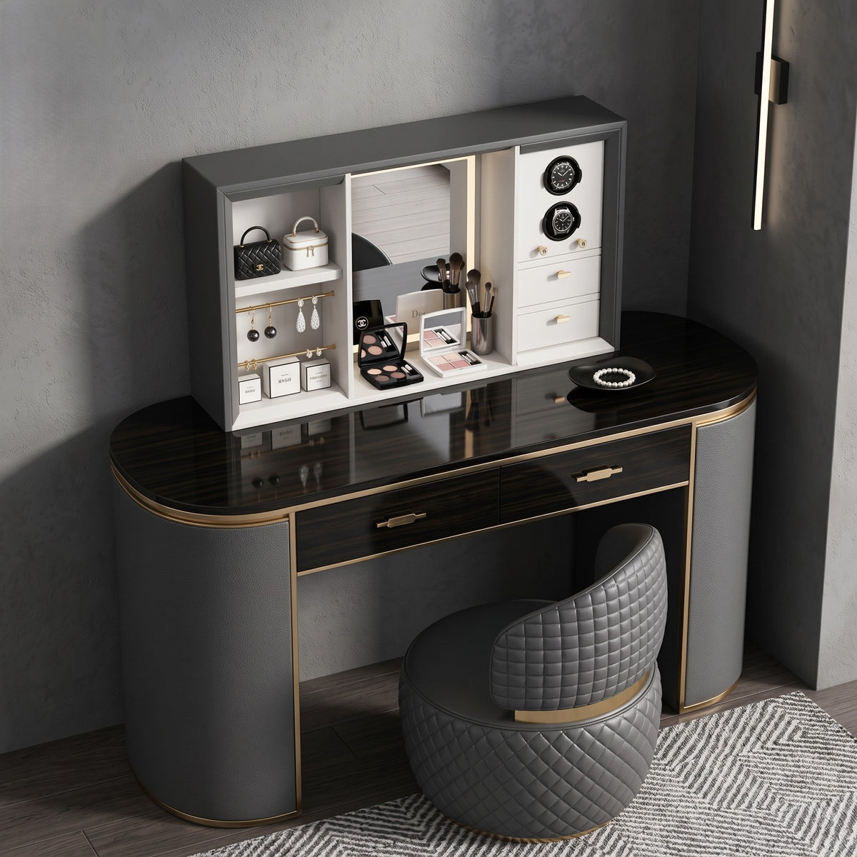 Smart Electric Lift-Mirror Vanity Table With Watch Winder