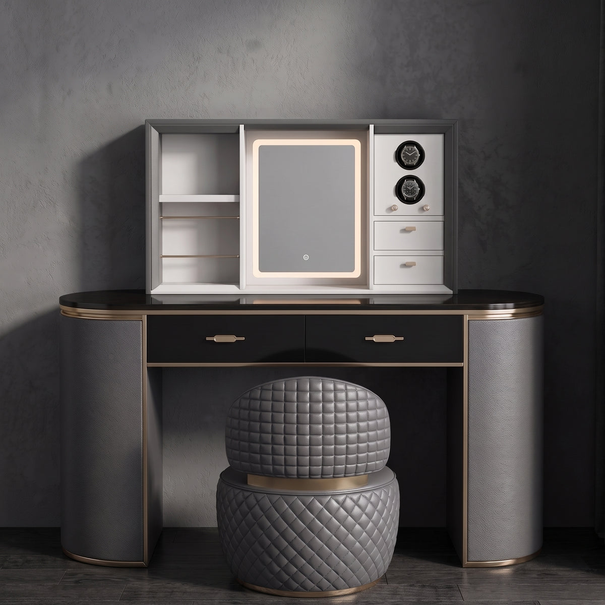 Smart Electric Lift-Mirror Vanity Table With Watch Winder