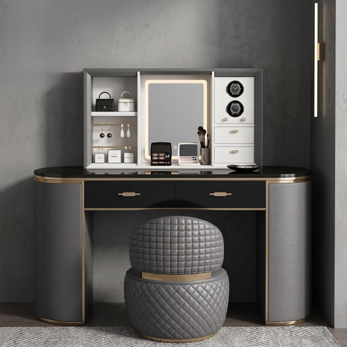 Smart Electric Lift-Mirror Vanity Table With Watch Winder