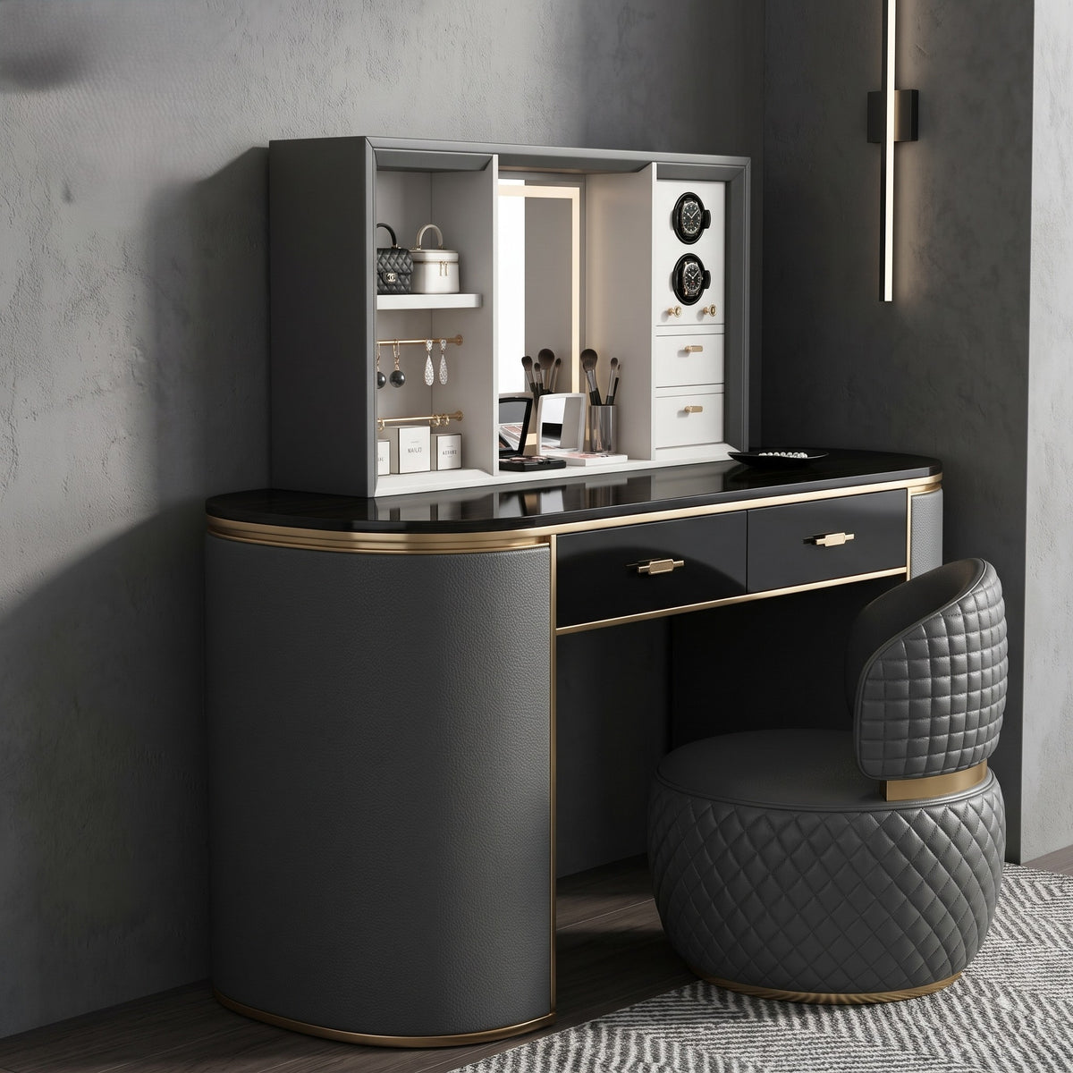 Smart Electric Lift-Mirror Vanity Table With Watch Winder