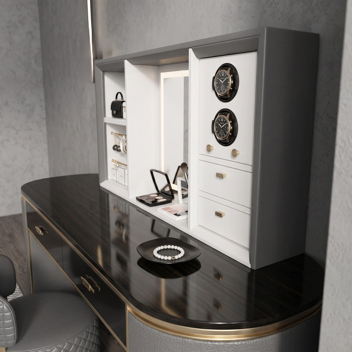 Smart Electric Lift-Mirror Vanity Table With Watch Winder