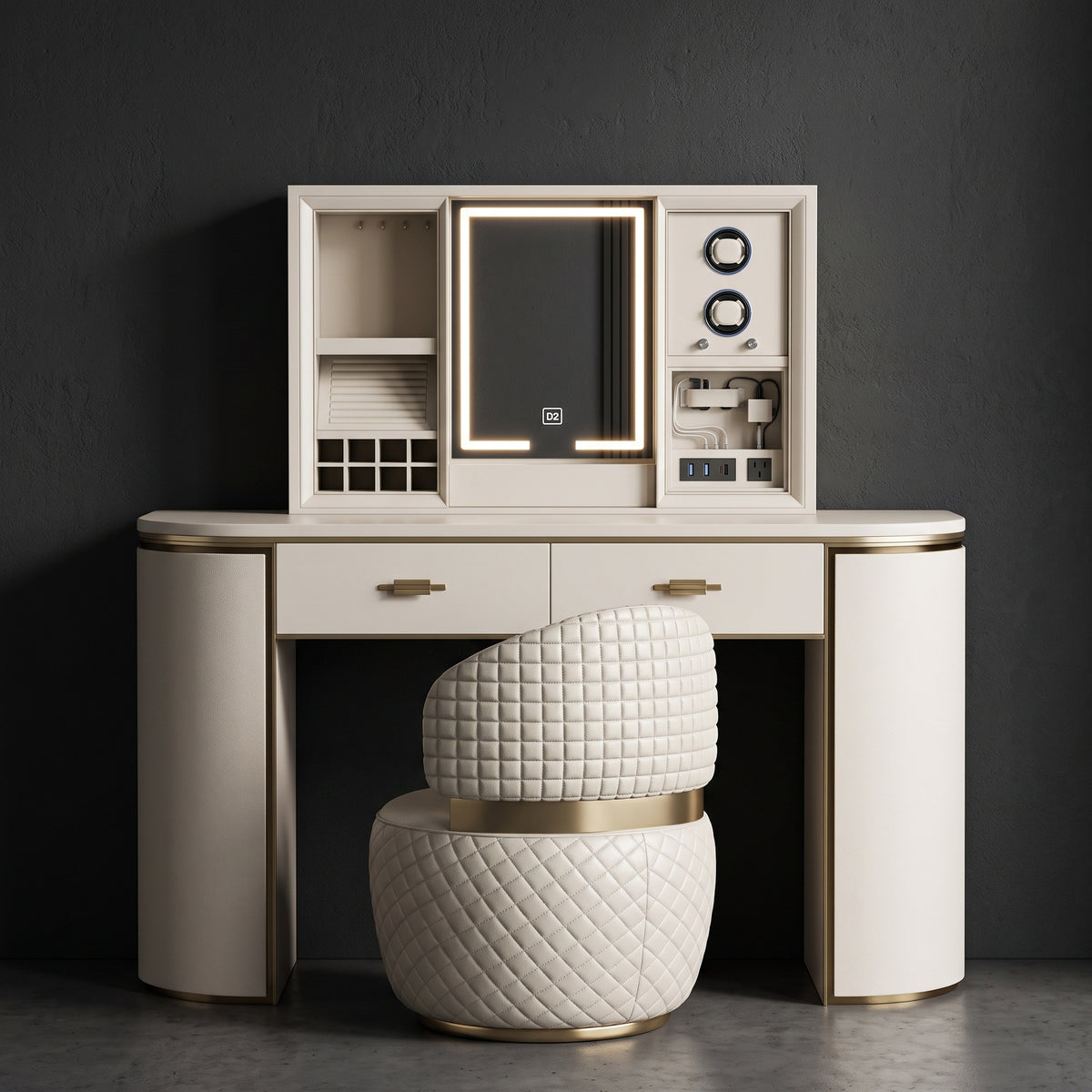 Smart Electric Lift-Mirror Vanity Table With Watch Winder