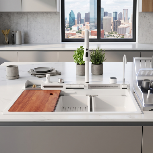 A modern kitchen countertop setup featuring a white double basin sink with a white high-arc pull-down faucet and a white sink bar unit. A wooden cutting board rests on the left basin, and the scene is styled with small potted green plants, plates, and a dish rack, all set against a light gray marble-look countertop and backsplash with a city skyline visible in the background window.