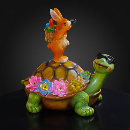 Solar Garden Turtle & Rabbit Statue Light – Outdoor Resin Decor