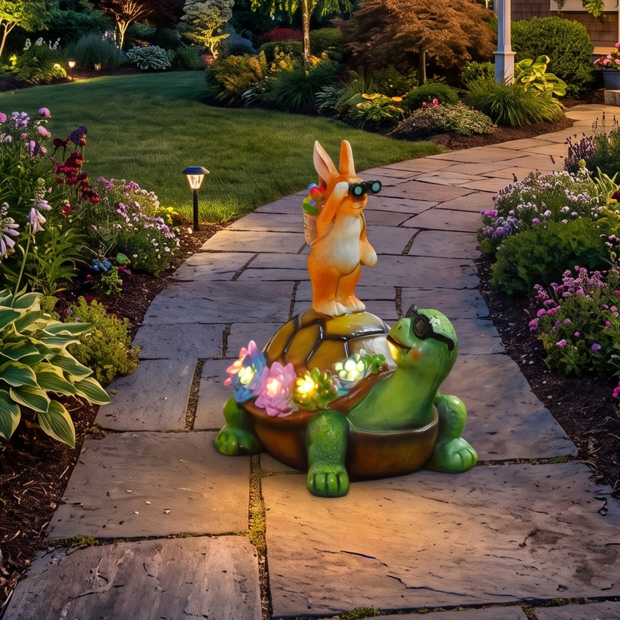 Solar Garden Turtle & Rabbit Statue Light – Outdoor Resin Decor