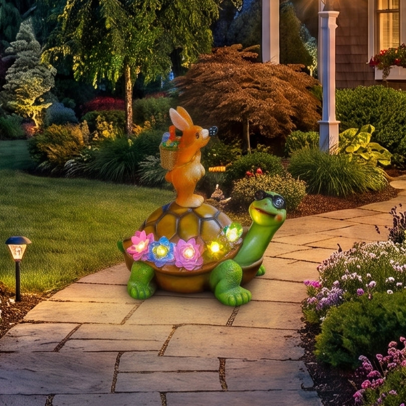 Solar Garden Turtle & Rabbit Statue Light – Outdoor Resin Decor