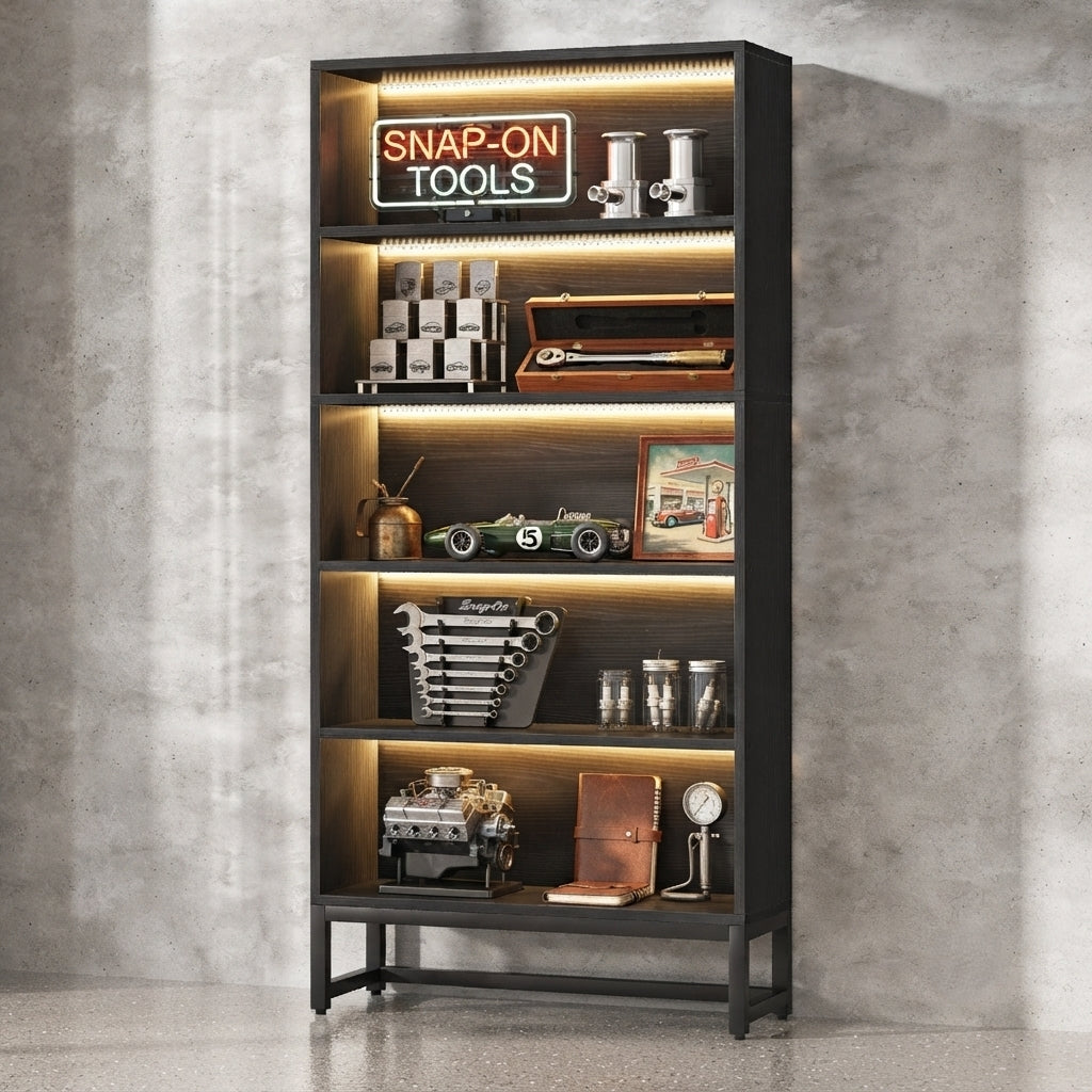 71-Inch LED Tall Bookshelf | 5-Tier Industrial Display Rack & Heavy-Duty Storage Cabinet
