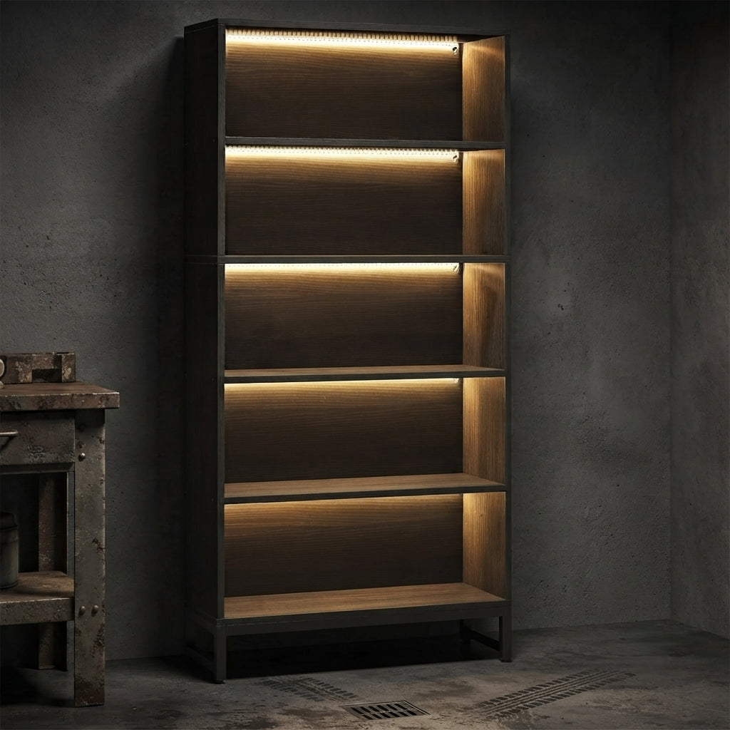 71-Inch LED Tall Bookshelf | 5-Tier Industrial Display Rack & Heavy-Duty Storage Cabinet