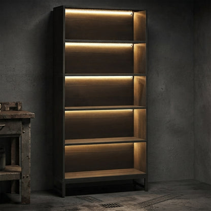 71-Inch LED Tall Bookshelf | 5-Tier Industrial Display Rack & Heavy-Duty Storage Cabinet