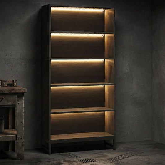 71-Inch LED Tall Bookshelf | 5-Tier Industrial Display Rack & Heavy-Duty Storage Cabinet