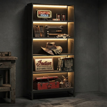 71-Inch LED Tall Bookshelf | 5-Tier Industrial Display Rack & Heavy-Duty Storage Cabinet