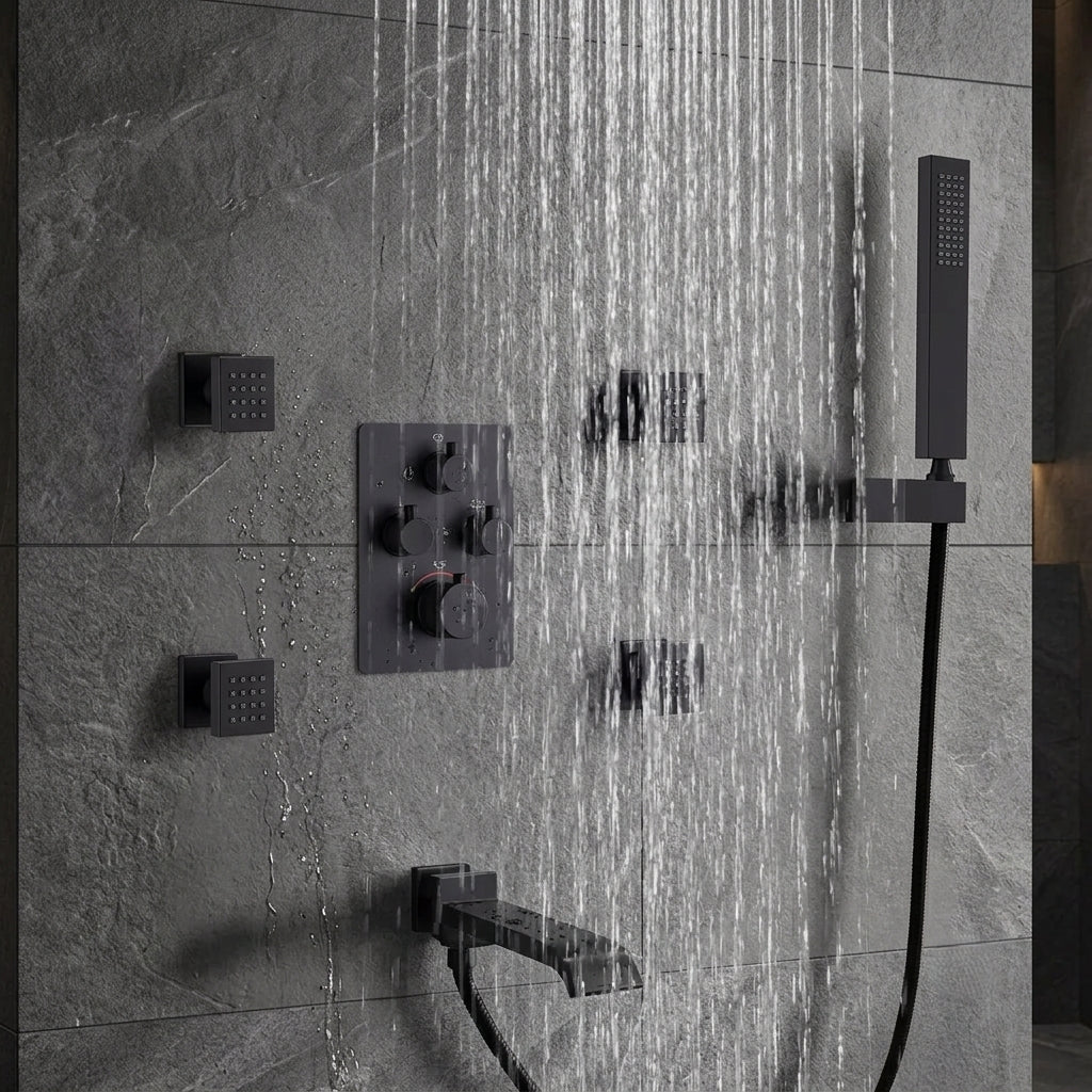 Matte Black Thermostatic Shower System with Body Jets & Tub Spout