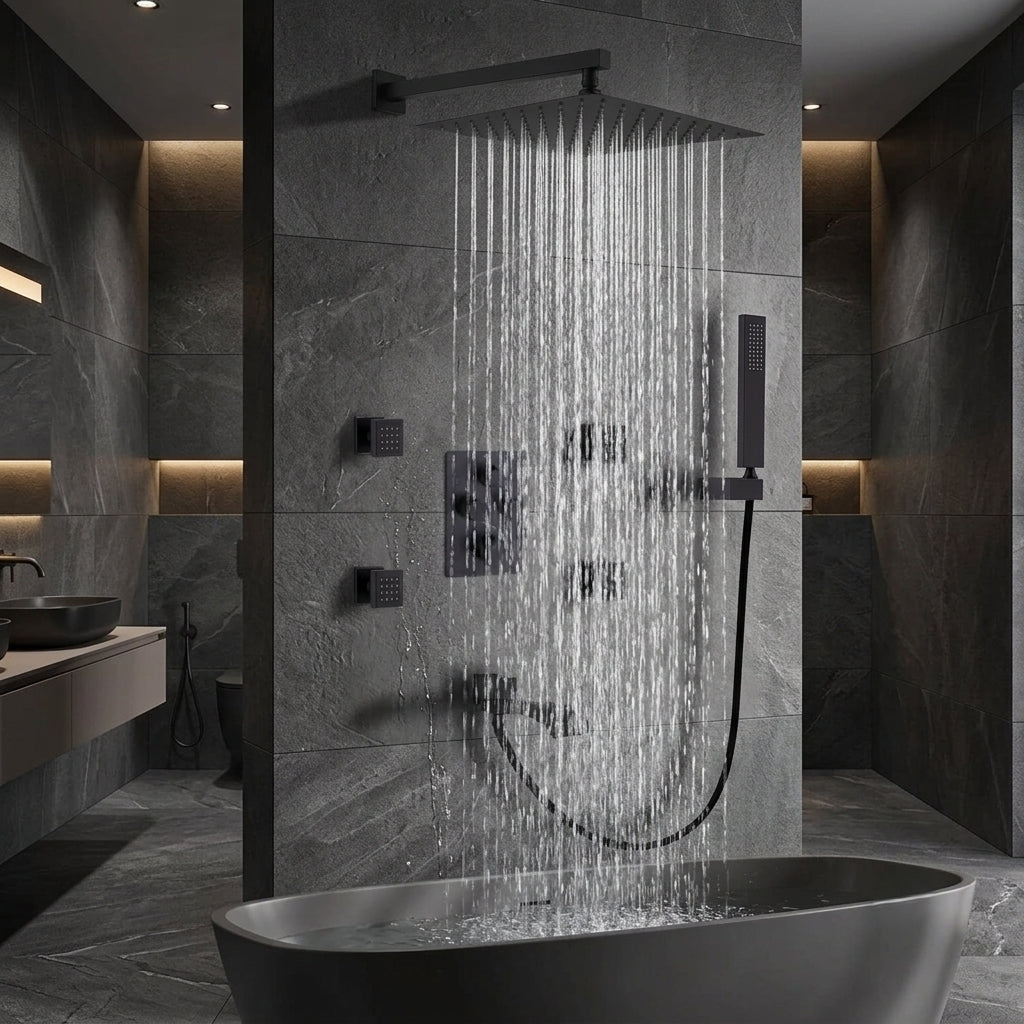 Matte Black Thermostatic Shower System with Body Jets & Tub Spout